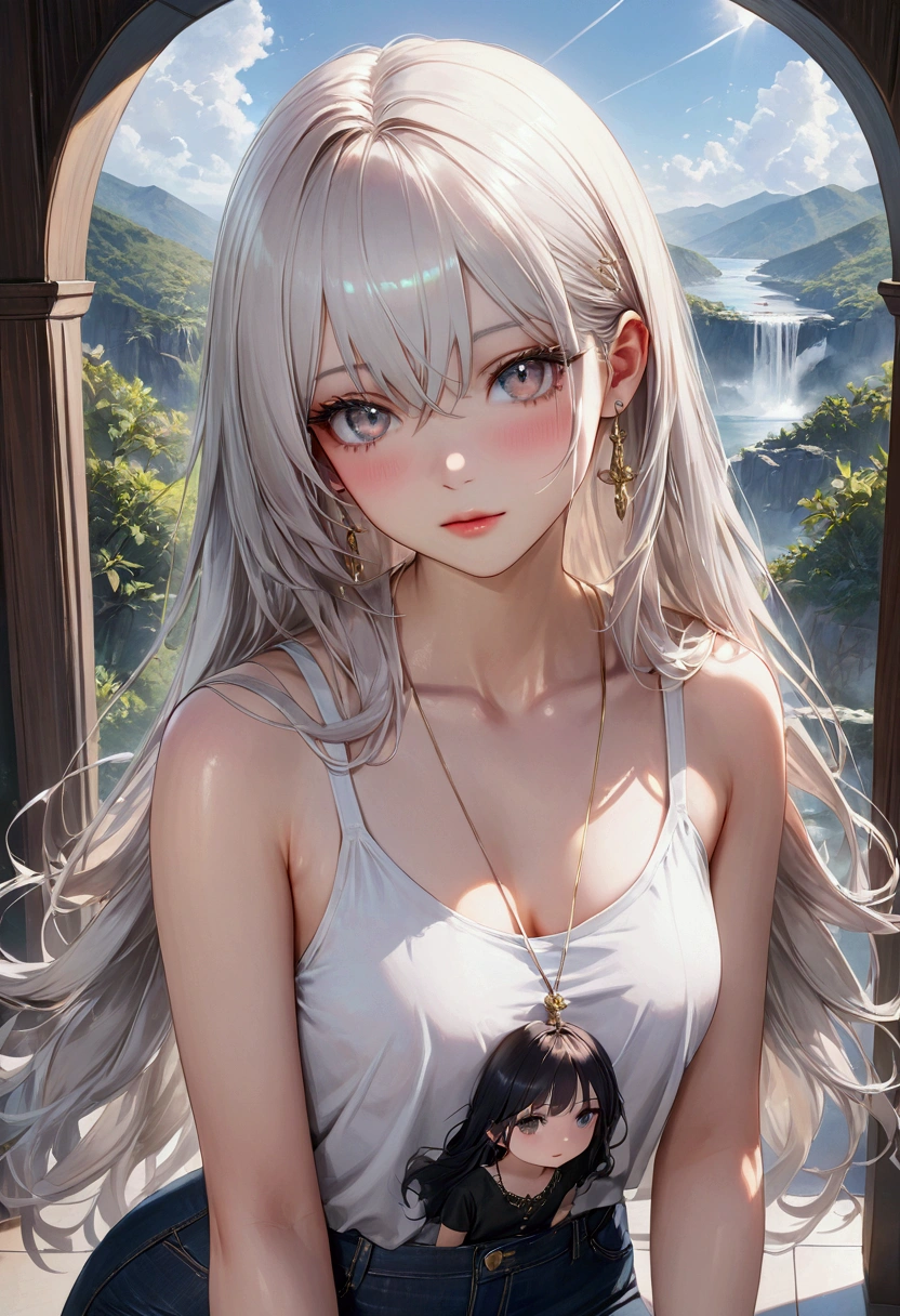 Stunning girl with long white hair, light skin, and red eyes, In the Woods with Cinematic Cinematic Lighting, Dark and dimly lit. She wears a white dress with golden shades, Her gaze is focused, looking at the viewer. Her skin is fair, Her face is gentle and flawless, tmasterpiece, A work of art of the highest quality. The image is an incredibly detailed 8K CG wallpaper, With artistic cinematic lighting and cinematic tones with ND filter.