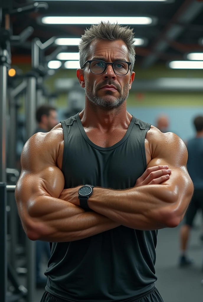 photo of skinny man <lora:harold:1>, in a gym with muscles, , solo, portrait shot, 8k uhd, dslr, high quality, film grain, Fujifilm XT3
