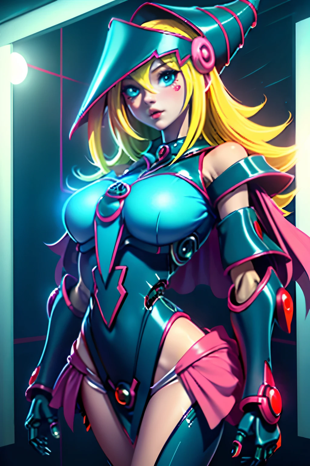 Dark magician gils YUGIOH  BLOND BEAUTY. mechanical body leech，bit girl，VOLUPTUOS cartoonish，Q Version，robotic arm，ray tracing，CG，neon ligh