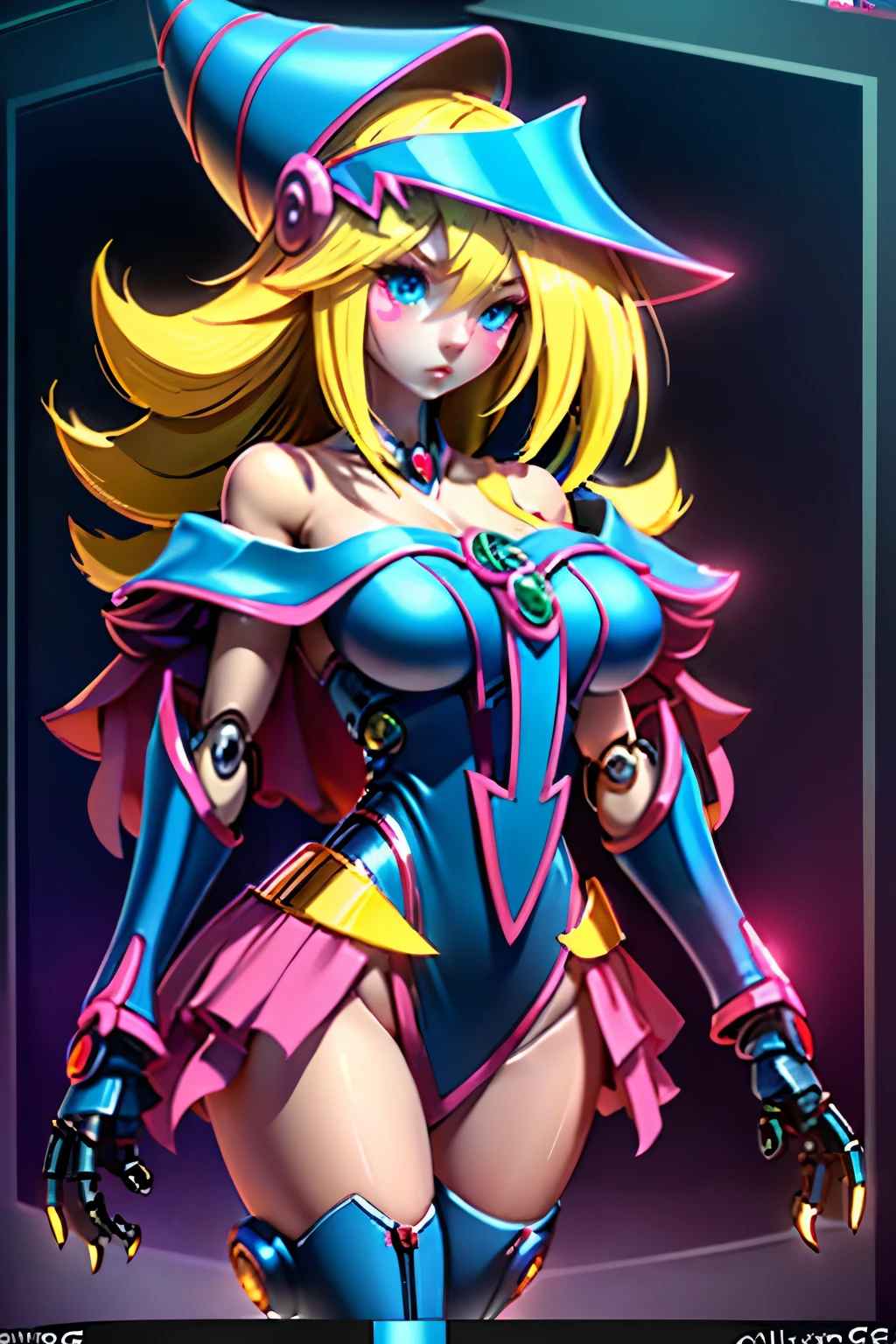 Dark magician gils YUGIOH  BLOND BEAUTY. mechanical body leech，bit girl，VOLUPTUOS cartoonish，Q Version，robotic arm，ray tracing，CG，neon ligh