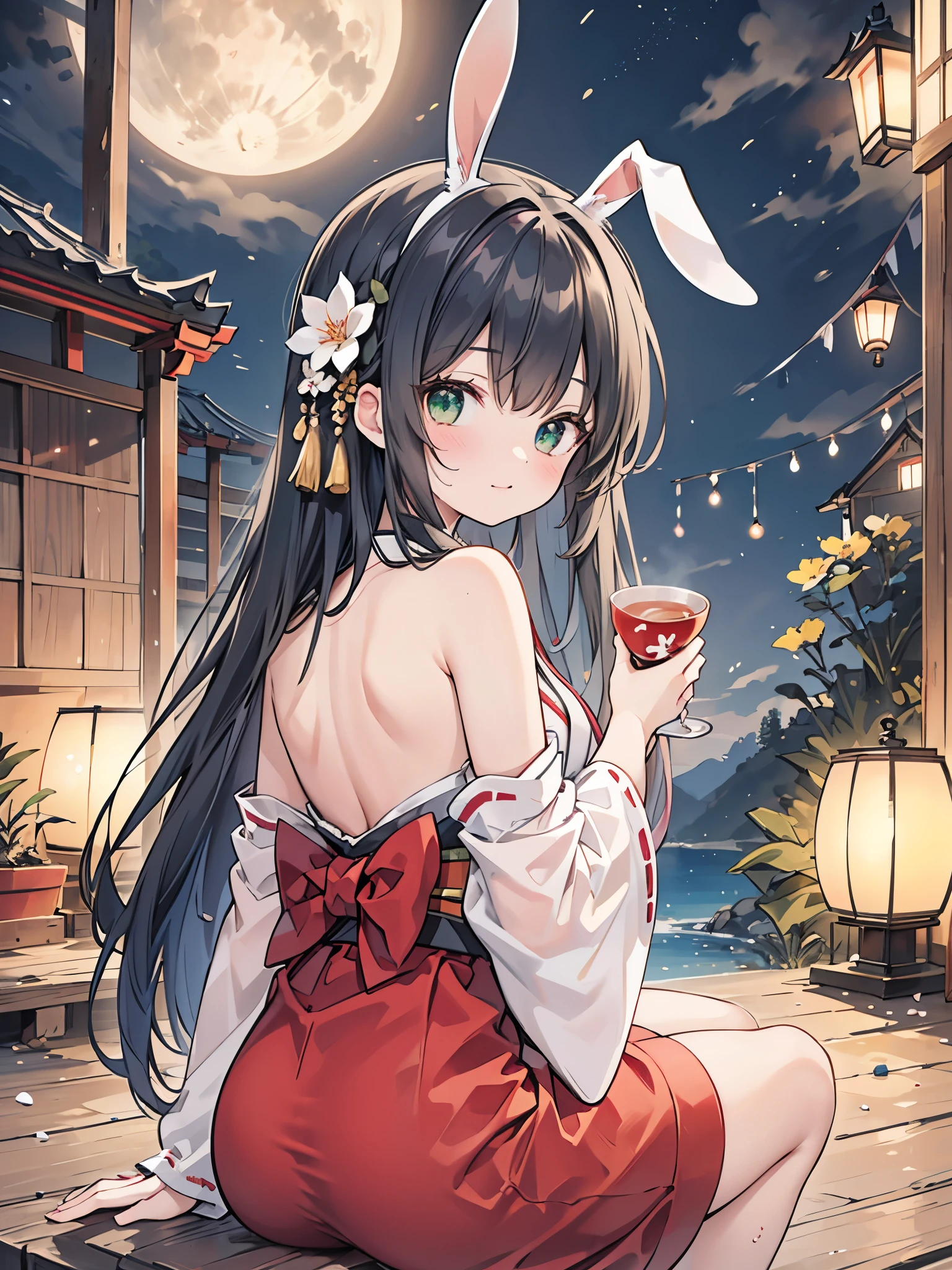 ((Best Quality, 8k, masterpiece: 1.3)),people間の***,１people,１peopleで,((Petite,Glamorous Body,Curvy)),cute,Happy expression,((Black Hair)),Long Hair,Beautiful emerald green eyes,((Put rabbit ears on your head,Rear view,Girl sitting,Kimono Pose)),Tsukimi,Bright night sky,Fifteenth Night,Gazing at the big full moon,((Offerings,A vase with a thin flower,Tsukimi団子,Drinking tea happily)),