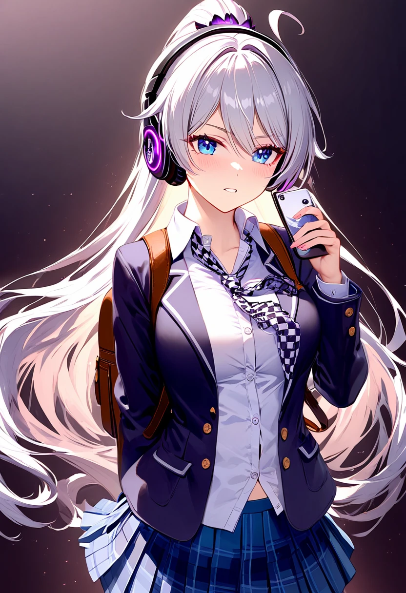 ultra HD, high-resolution, detailed, (highly detailed:1.5), (sharp focus:1.4), (crisp edges:1.3), 1girl, looking ahead, kiana kaslana \(honkai impact 3rd\), herrscher of finality, white hair, ahoge, ponytail, very long hair, blue eyes, (school uniform:1.5), (blazer:1.4), (pleated skirt:1.5), (checkered tie:1.4), (button-up shirt:1.4), (brown leather backpack:1.4), (phone in hand:1.3), (headphones:1.4), (purple ribbon:1.5), (dark background:1.4)