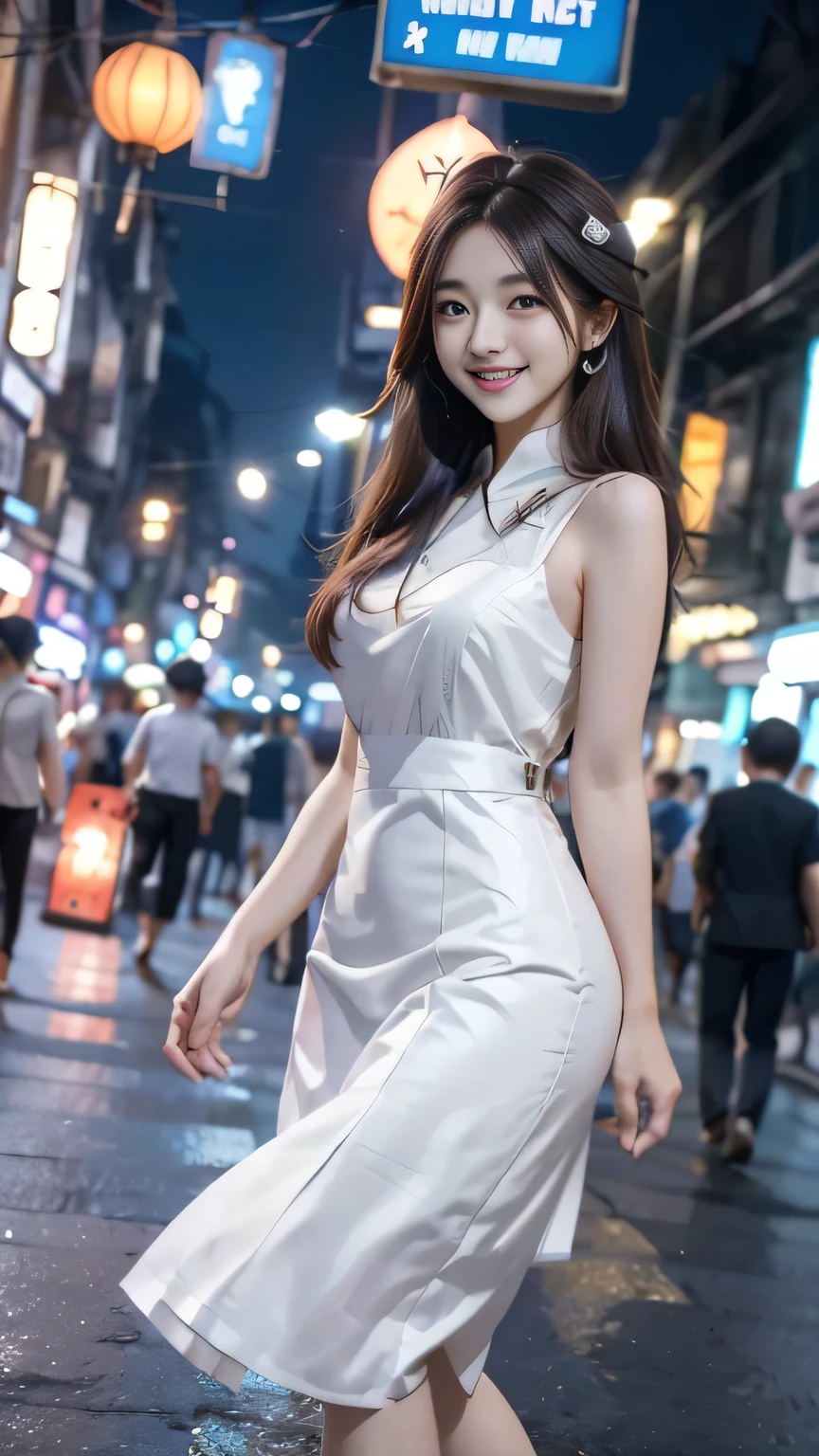 ulzzang-6500-v1.1, (RAW photo: 1.2), (Real photo), (Real photo: 1.4), 1 girl、Perfect anatomy、1、Looking at the camera、naturally beautiful dimpled smile perfect detail, white teeth perfect detail, Medium length hair、Cool summer dress, Hanoi street corner at night, ((Hanoi street corner at night: 1.1))、(Business service)、Asian eyes Ella,