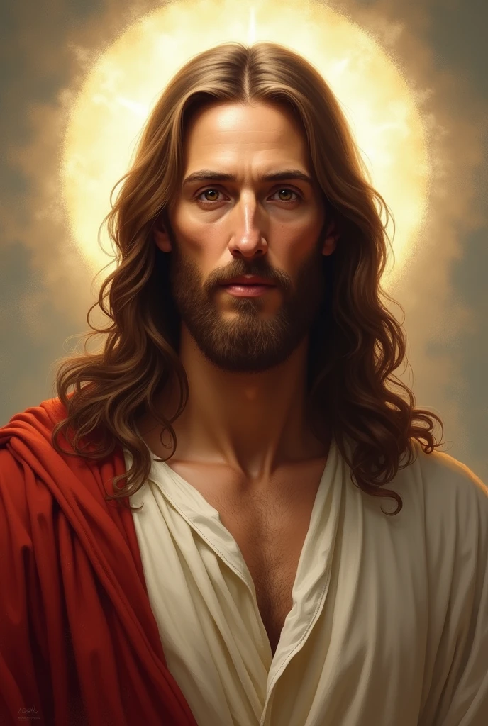 Arafed's image of a man with long hair and beard., portrait of Jesus Christ, Jesus Christ, Greg Olsen, Jesus of Nazareth, painted in high resolution, the lord and savior, Jon McNaughton, 8k resolution. oil on canvas, face of jesus, religious masterpiece portrait, ultra detail. Digital paint, dressed as Jesus Christ, very beautiful portrait, heavenly background