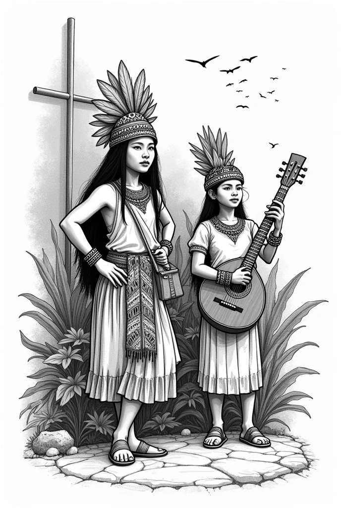 masterpiece, an athletic native american woman, wearing only a ((loin cloth)), standing in a rain forest, nipples with her arms over her head, armpits, large breasts, flowers in her hair, National Gallery of Art Highlights, drawn by QueCom2V and colored by Sabustr2v