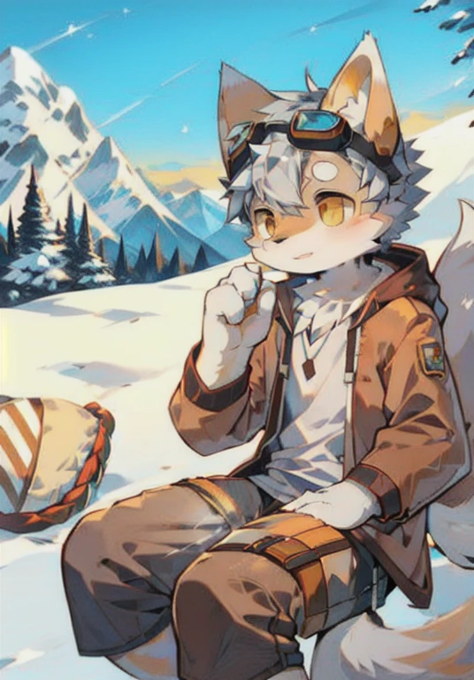 Snow mountain background，down jacket，White male cat，boy，cute，Q version，Goggles，Big furry tail，Hairy pads，Mountaineering，Golden Eyes，Silver hair，Detailed background，Mountaineering镐，Backpack