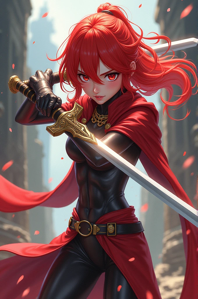 thief Girl Thief Wearing a red outfit and cape 走っているwhole bodyの姿 She has a cute smile samurai Hold the sword whole body AI images