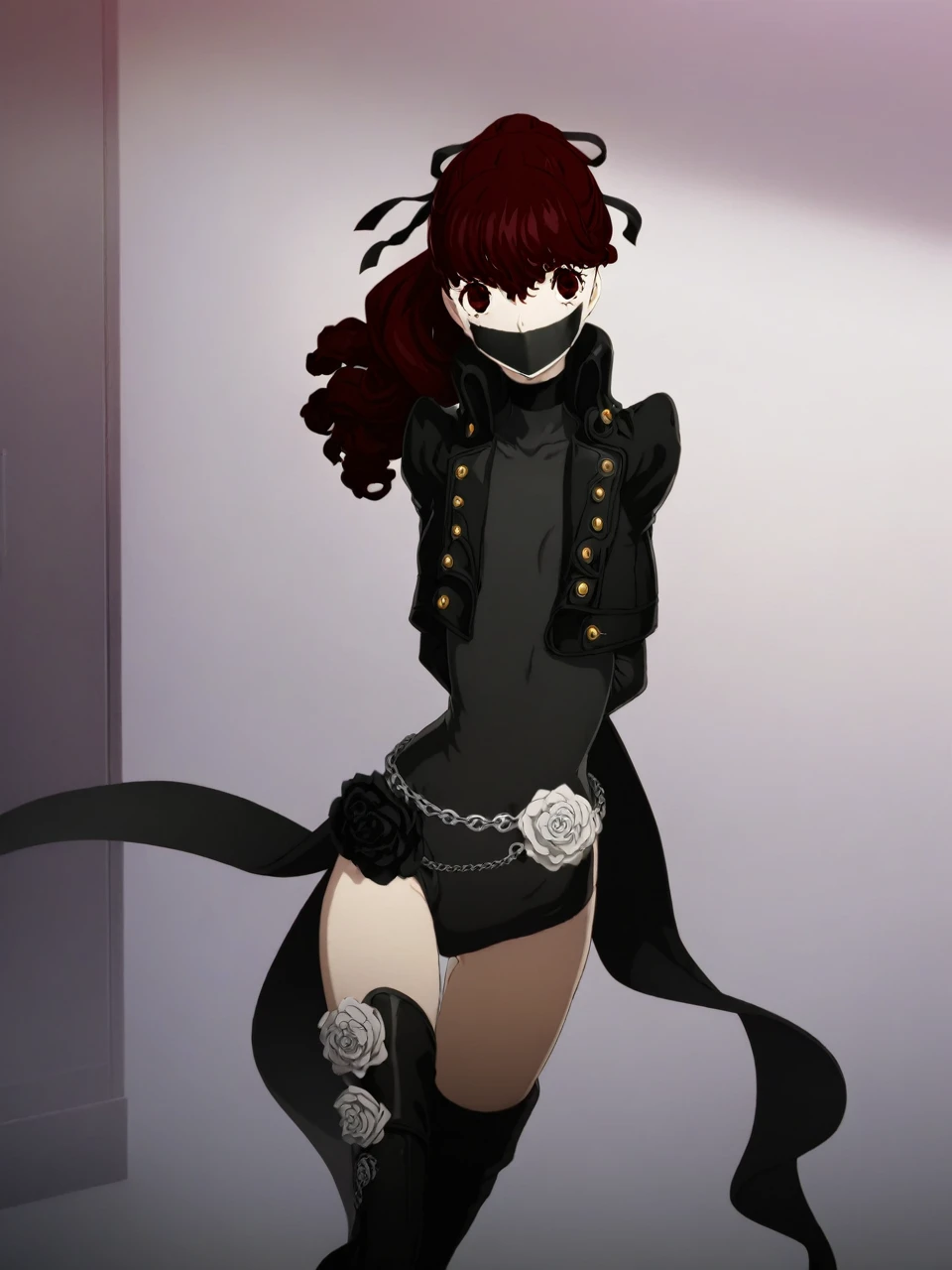 dsviolet, red hair, long hair, ponytail, red eyes, black ribbon, hair ribbon, black leotard, jacket, thigh boots, choker, frilled sleeves, coattails, red gloves, 1girl, solo
BREAK
standing, looking at viewer, cinematic, game cg, anime screencap, official art, masterpiece, best quality, bound, bondage, (arms behind back:1.4), bdsm, tape gag, tape, tape bondage
