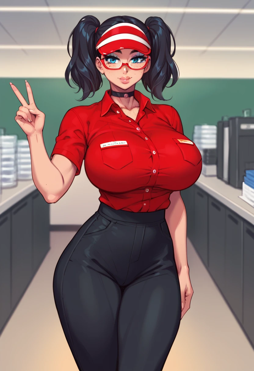 score_9,score_8_up,score_7_up BREAK source_cartoon,TipsSDXL,1girl,solo,blue eyes,shirt,black hair,twintails,short sleeves,makeup,freckles,sidelocks,thighs,glasses,choker,collared shirt,pants,huge breasts,uniform,black choker,thick thighs,black pants,red shirt,visor cap,tall female,employee uniform,cowboy shot,room,room background,kneeling, v