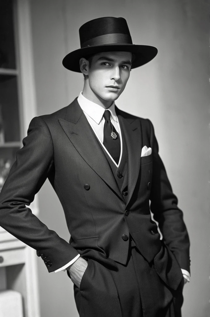 A sexy gentleman,sitting on a sofa,Victorian era fashion, handsome face, black and white photo, homoerotic , focus from head to thighs, crotch, mysterious expression ,nsfw, erection ,open legs