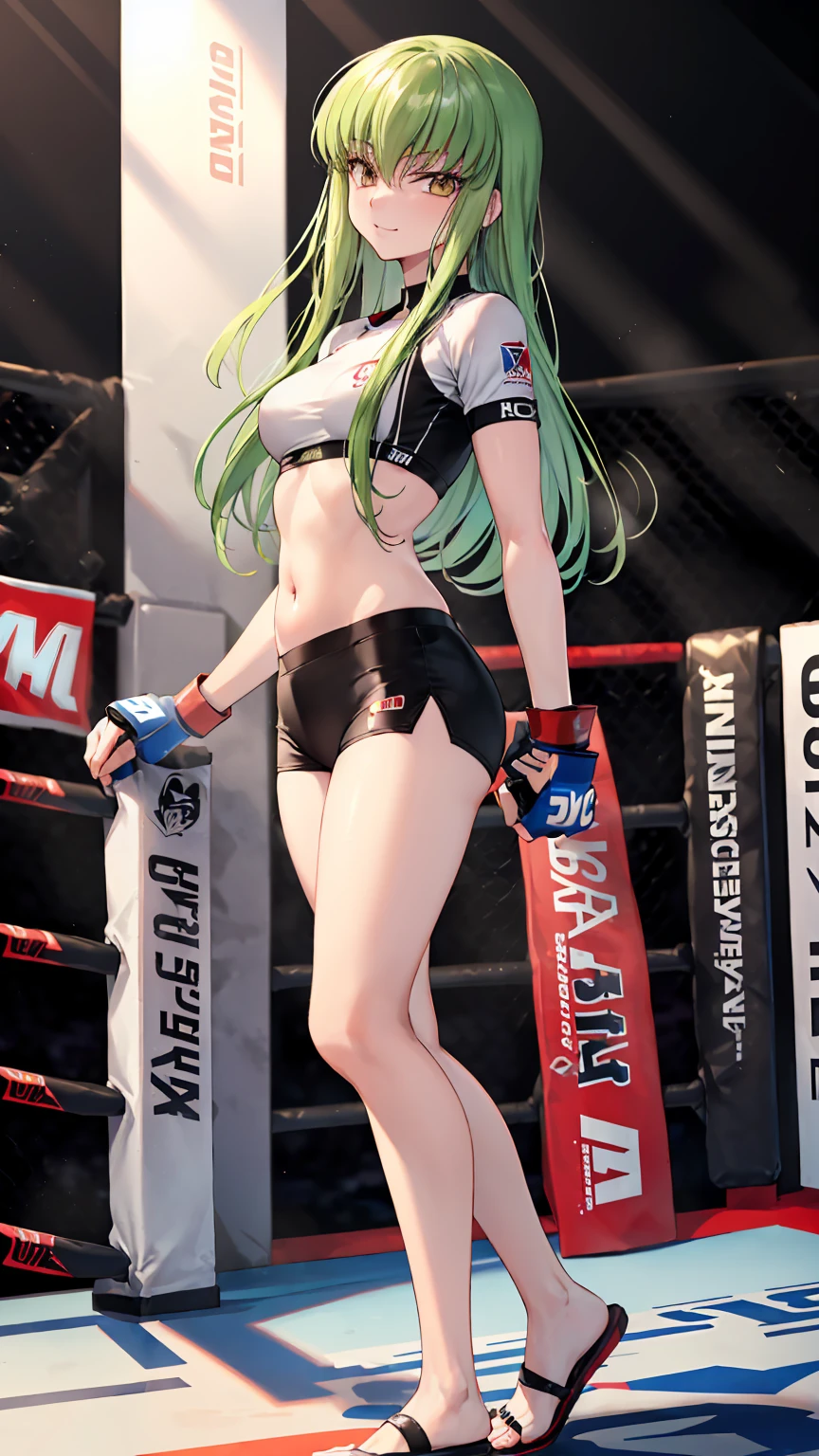 CC_Code Geass, Hair between the eyes, Very long hair 1 person, Bright light, smirking, alone, full body shot, Fighting, (masterpiece, Highest quality), 8k, Intricate details, (on MMA Arena :1.5), (wearing MMA uniform:1.5, white tops and black bottoms:1.3), belly button,Slender body,Slim,((Highest quality)), Sharp focus: 1.2, Highly detailed face, Highly detailed eye,Toned stomach,long legs, slender body,twisting waist,(from side, from below),