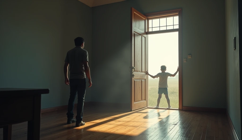 A small messy room.
A man trying to break the door open to get in.
A boy inside the room holding the door