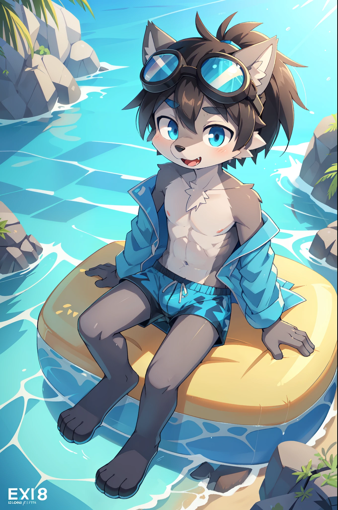 anger，Shota，swim，（best quality），（masterpiece），Wear only transparent thongs，no shirt，No coat，lying in water