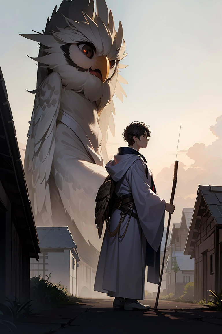 A young human male，With short grey hair，Wearing a white robe，With a longbow on his back，On his shoulder is a giant owl，Standing expressionlessly between the houses