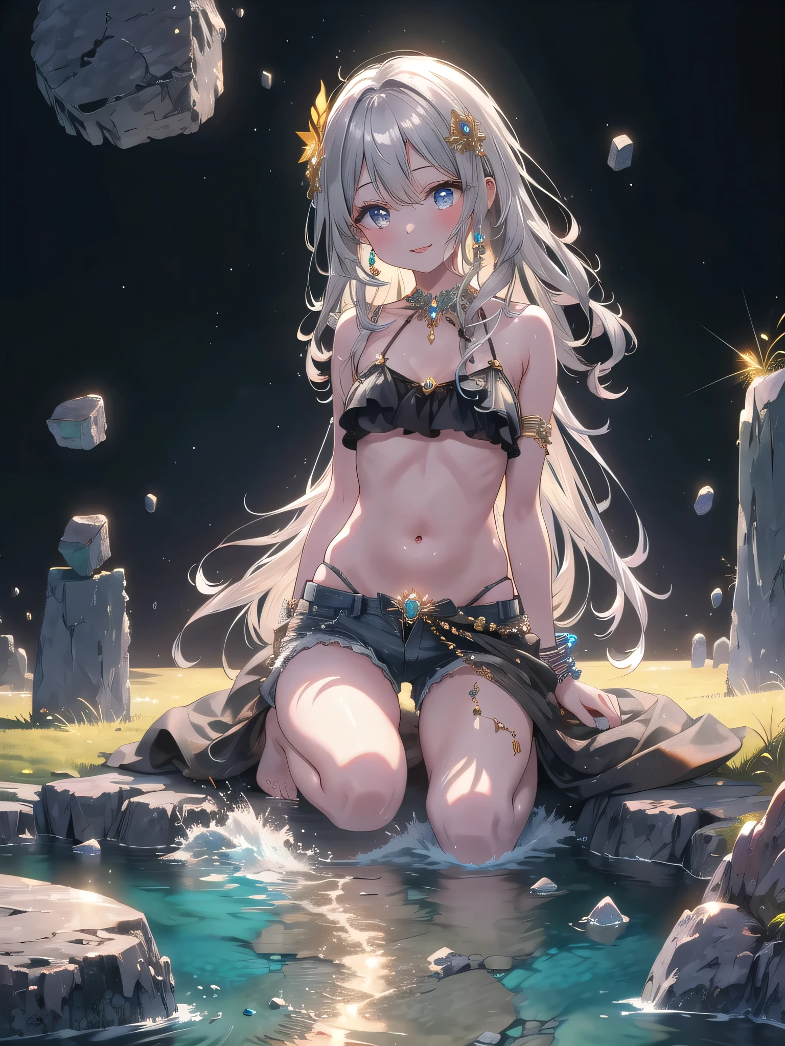 ((A close up)) of anime , (((((sitting on the sand in the desert))))), (mostly naked), ((barefoot)), (cinematic light), skin is perfectly white, soft, and smooth, ((no nsfw)), Extremely delicate and beautiful CG illustration, small thigh, slim body, best quality, high resolution, dynamic angle, full-length lens, ((1 girl)), (detailed eyes), soft light, high-key lighting), glowing light, feathers fluttering background, blue crystal, ((blue glowing ring around her ankle)), (((wearing (nothing) but a white (transparent) tank top)))