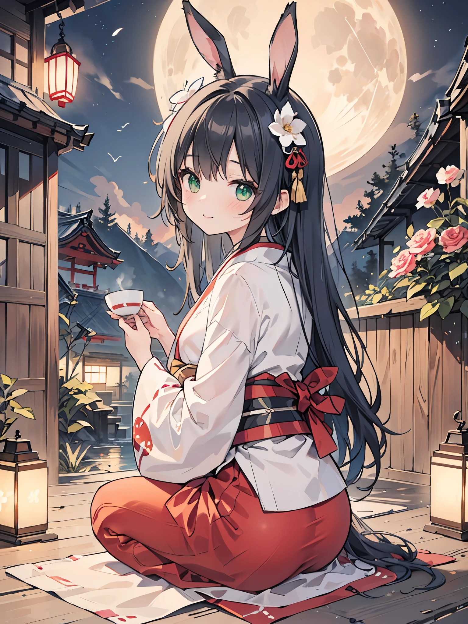 ((Best Quality, 8k, masterpiece: 1.3)),people間の***,１people,１peopleで,((Petite,Glamorous Body,Curvy)),cute,Happy expression,((Black Hair)),Long Hair,Beautiful emerald green eyes,((Put rabbit ears on your head,Rear view,Girl sitting,Kimono Pose)),Tsukimi,Bright night sky,Fifteenth Night,Gazing at the big full moon,((Offerings,A vase with a thin flower,Tsukimi団子,Drinking tea happily)),