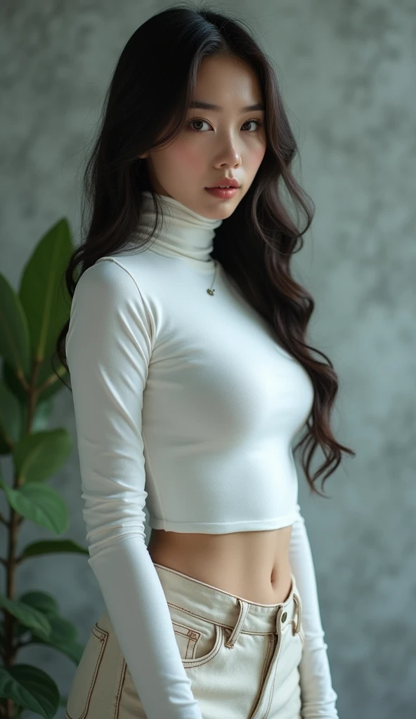 Create an Asian middle-aged long-haired beauty,White skin,Cute large breasts and buttocks,Proud figure,Pure white turtleneck tight shirt,Plain white leggings,Scratching the scalp with both hands,There is a lot of dandruff on the top of the head,White fine dandruff on the top of the head,Fierce and unhappy expression,The characters are realistic and realistic,Bathroom Background,9:16 frames,Ultra-high-definition picture quality