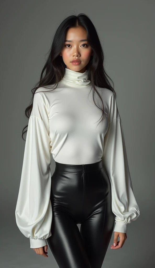 Best quality, masterpiece, ultra high res, (photorealistic:1.5), raw photo, 1 mature Ancient Egyptian girl, (((black long sleeve turtleneck dress))), black coat with fur, in the dark, deep shadow, low key, cold light, sexy look, black Cleopatra's hair (((black hair))), bright eyes, yin sanpaku eyes, eyeshadow, (((plain white background))), cinematic studio lighting