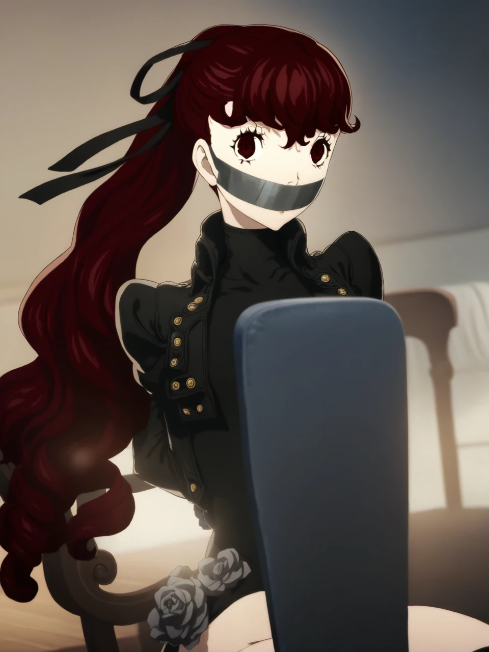 dsviolet, red hair, long hair, ponytail, red eyes, black ribbon, hair ribbon, black leotard, jacket, thigh boots, choker, frilled sleeves, coattails, red gloves, 1girl, solo, sitting on a chair, looking at viewer, cinematic, anime screencap, official art, masterpiece, best quality, bound, bondage, (arms behind back:1.4), bdsm, tape gag, tape bondage
