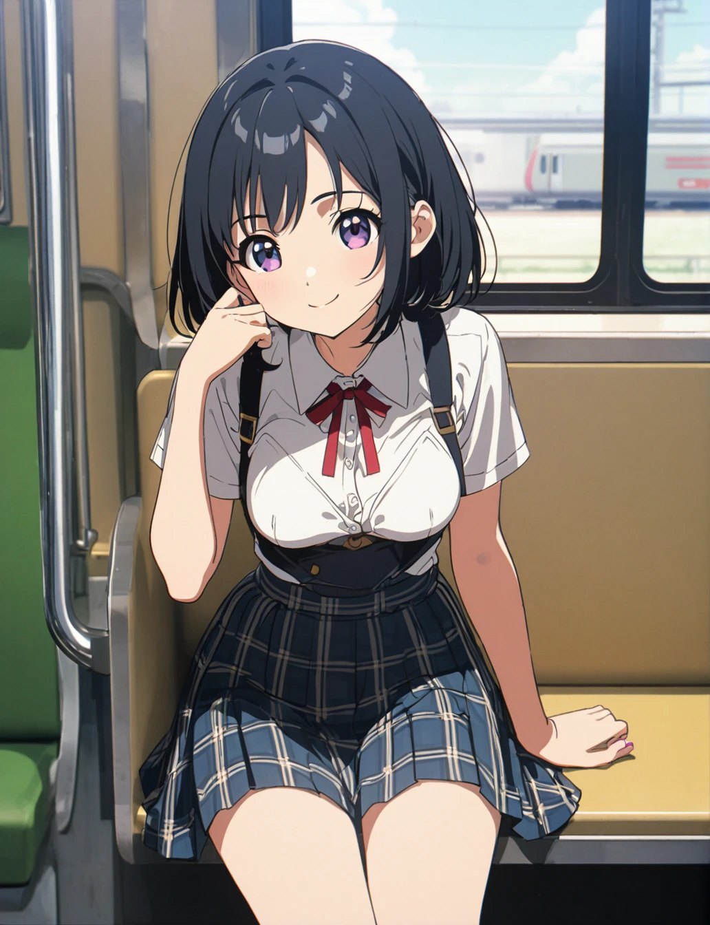 A girl named Sairenji Haruna with short blue hair and blue eyes, featuring a hairpin and visible forehead. She is wearing , yellow knit vest,white collared shirt,pleats skirt,green plaid skirt,green bowtie,sitting on the train seat,a glimpse of white panties.The art style should be in the style of Yabuki Kentaro, specifically the To Love-Ru art style. The image should be of masterpiece quality, with a highly detailed face, beautiful and detailed eyes, and a perfect body. The lighting should be professional, akin to official art or a grand prix award illustration. She appears shy and is looking away with her eyes downcast.angle from below,front view