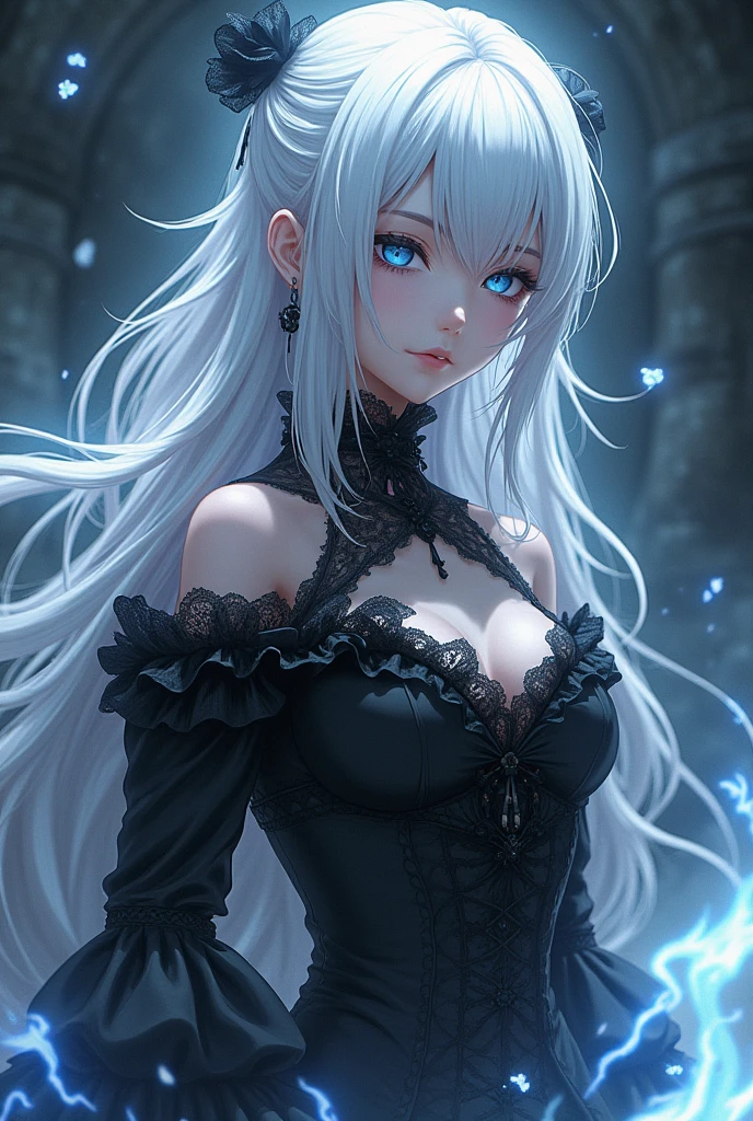 1 girl, anime style, kneeling, hivering, feeling cold, shivering, transparent suspender stockings, leg straps, short skirt, (long white hair), blue eyes, rain-soaked top, rainy day, heartache expression --auto