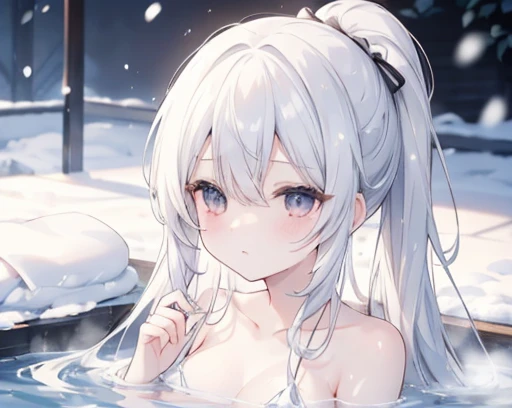 1girl, White hair, Purple eye, sportrait, photorealestic, Towels, (onsen), sidelighting, wallpaper, nsfw,Raised sexy，