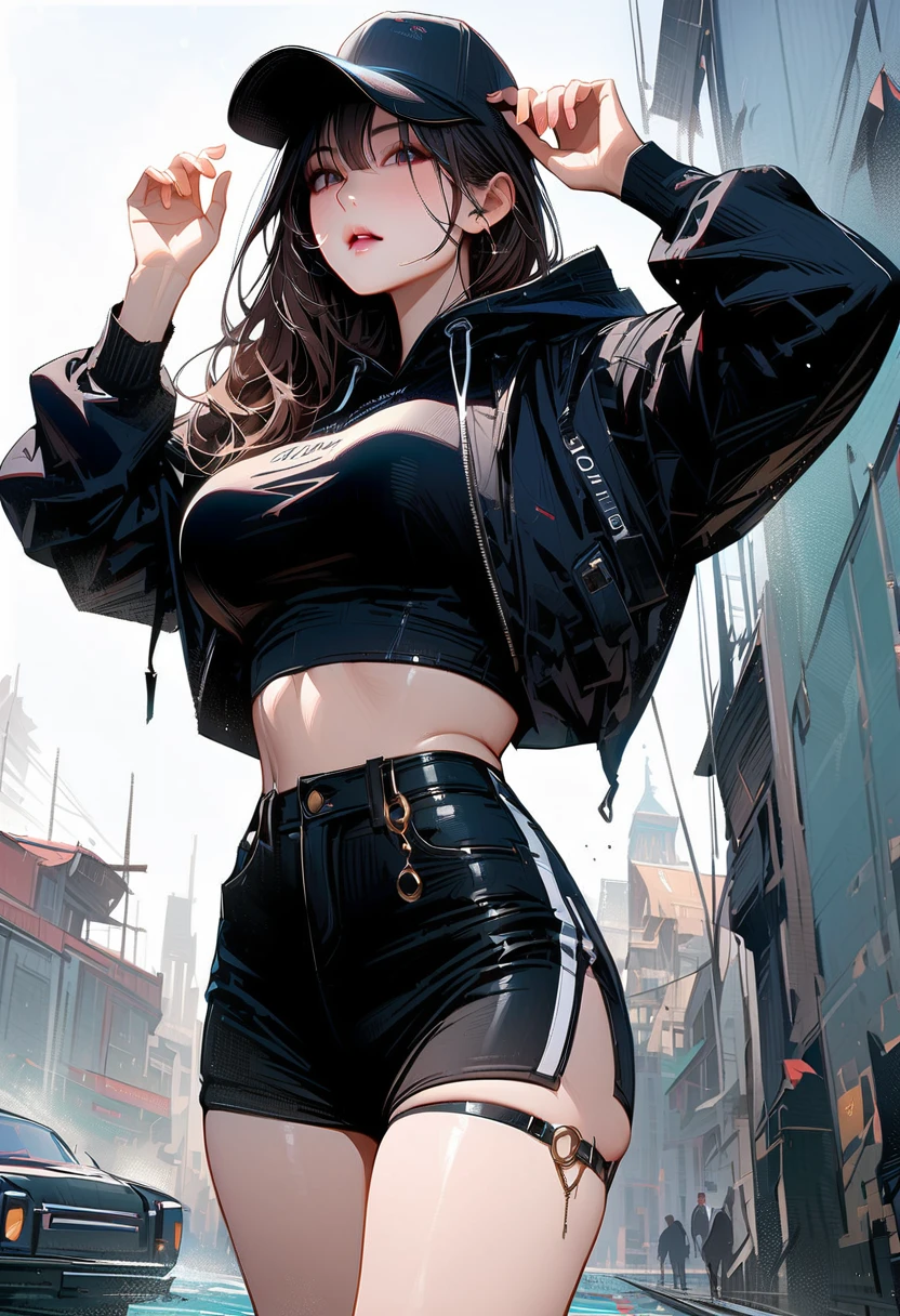 (masterpiece, See the details、Realistic texture with precise expression、Best Quality, Balayage highlighting:1.2), 1 girl, Alone、Gal、Splash、Sulky face、Cool vibe、(White crop top hoodie、Black leggings,whole body、(Big Breasts)、Sturdy body、Gold Anklet、Standing with a cap on)
