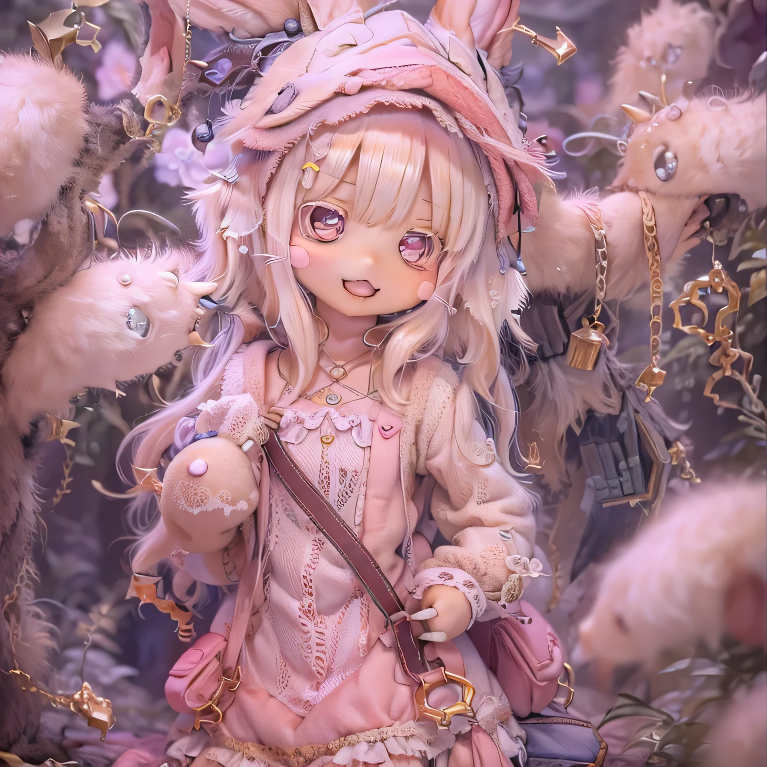 In the garden, smile, Similar to Nanachi from Made in Abyss. She is beautiful, Beautiful eyes and lips.  (((Chibi Style,))) . Image quality is excellent, Highly detailed and realistic features. The medium of this work is、Combining illustration and photorealistic rendering.. The colors are vivid、The lighting creates a warm and bright atmosphere。 whole body(((((Cute pink dress)))))Contrasting cute poses踊る