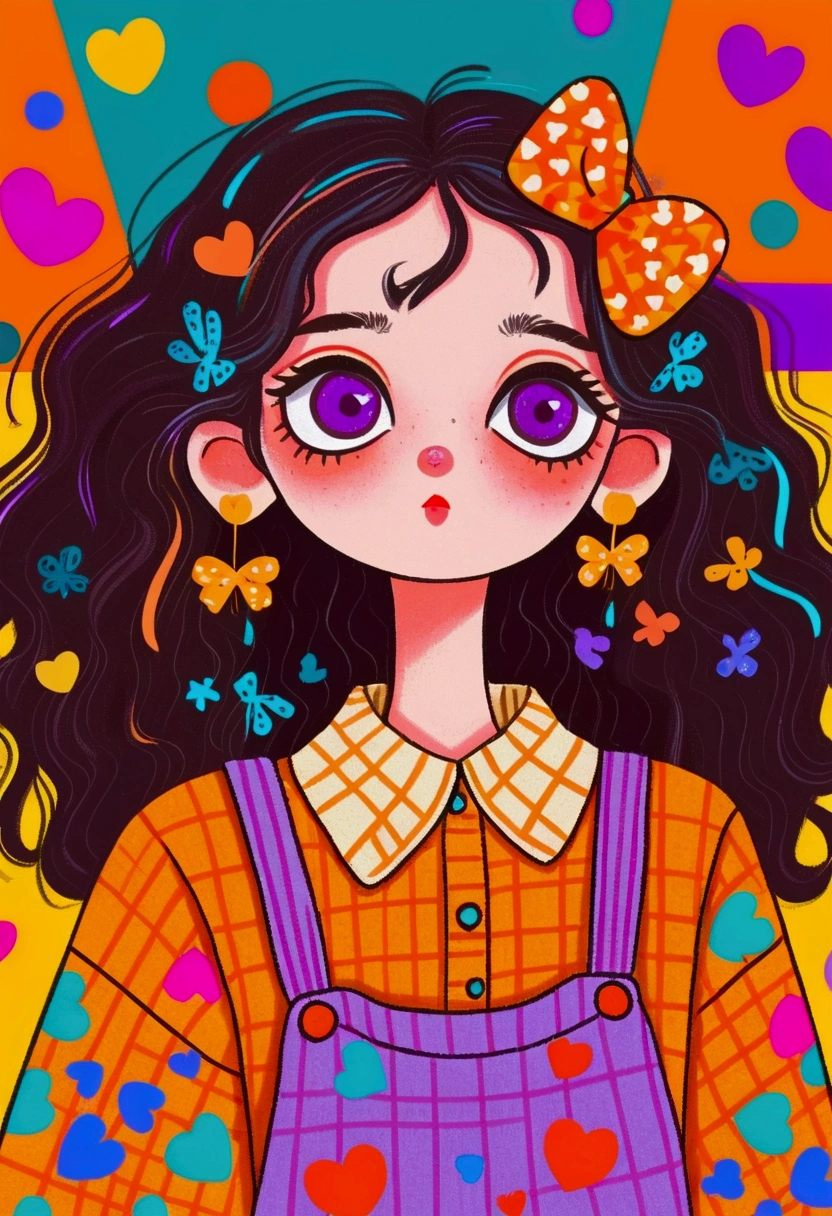 colorful cartoon girl with wide purple eyes, surprised expression, long wavy light hair, large orange bow with hearts, yellow turtleneck sweater, multi-patterned overalls, large geometric earrings, background with various colorful shapes, playful and quirky atmosphere