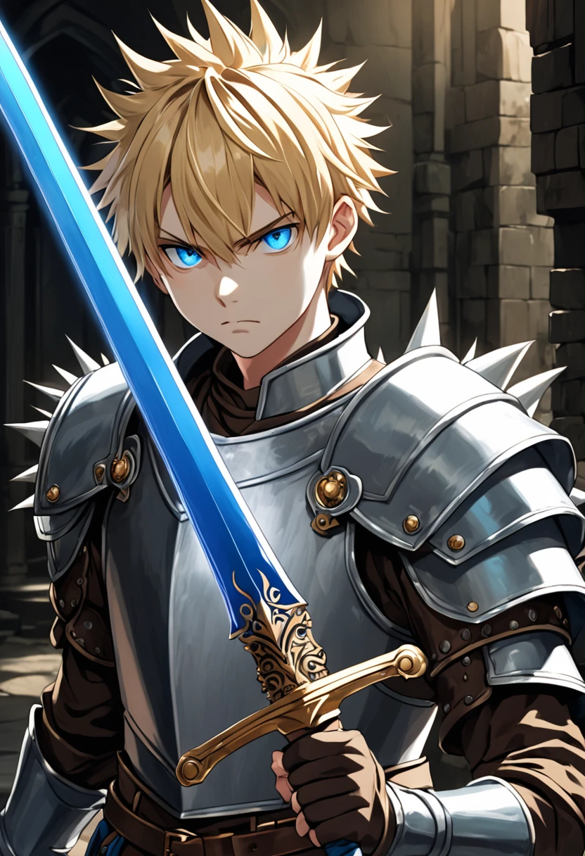 20-year-old boy, Blonde, straight, spiky hair with bangs, Bright Blue Eyes, Medium-colored clothing, such as brown leather armor, Focus on the face with a challenging and threatening expression, White skin, In his right hand he holds a large, thick sword unsheathed and close to his face., A bright light blue blade with a mysterious sound, Behind the young man, the surroundings are dim and dark., The light from the sword cast a bluish hue on the boy&#39;s face., Focus on the young man&#39;s face as the blade approaches his face