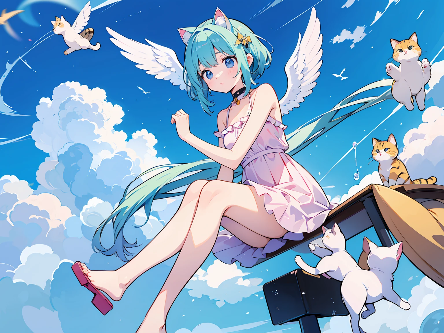 A cat with angel wings descends from the sky、Several small cats bursting into activity、Comical cute cat、
