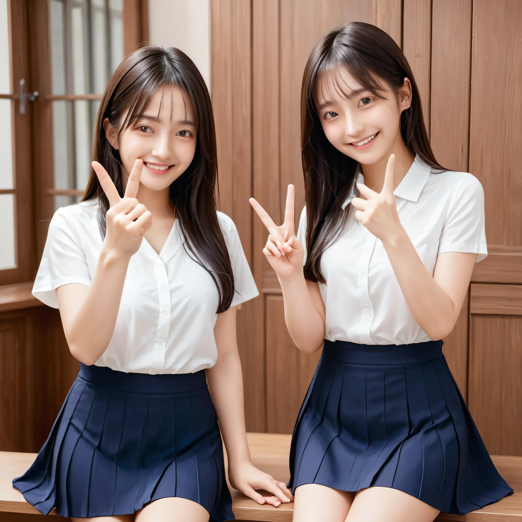 A confident smile, Making a peace sign,two students demonstrating a gesture commonly associated with a peace sign while speaking by tele食事, skirt, Black Hair, indoor, smartphone, shirt, ((((complete fiでe fingers))))