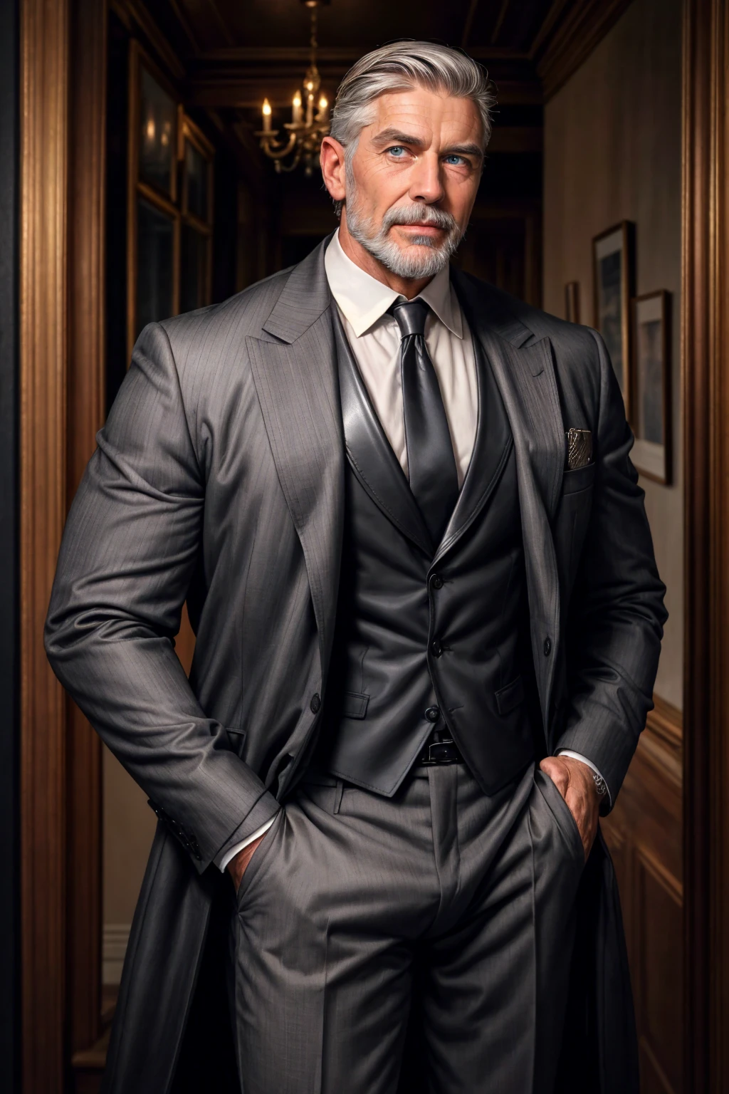 Handsome man！Black low waist briefs！Strong muscles！穿Black low waist briefs！Perfect human body！strong！Tattoo！gray hair and black hair！Goatee！！blue eyes！Background high fashion gray！poster！Award-winning works！Multiplayer！Embrace！magazine cover(thick chest hair)!abs Painting of a handsome old man in an expensive dark grey suit walking down the street, grey hair, beard, bright coat, brown waistcoat, necktie, (one arm:1.1), anime, open clothes reveal pectoral muscles! Highly detailed paintings, portraits, works of art by William-Adolf Bouguerot, Finnish Tom, Gaston Boussier, Alphons March, ethereal, poetic pastoral. Handsome grandpa! Beard, short hair, a tall old man, a small head, a policeman in an open leather coat! Police badge!! ( 8k, masterpiece, best quality, high resolution, super detailed) elegant! Fashionable background!! HD, 8k, thin and tall! Developed muscles, chest hair, hairy chest muscles! Giggle, masterpiece, best quality, high resolution, detailed background, strong body, very, male, he is about 60 years old, strong and handsome, muscle tissue, too many muscles, chest muscles! Detailed background, best quality, masterpiece, (muscle ), (white hair)