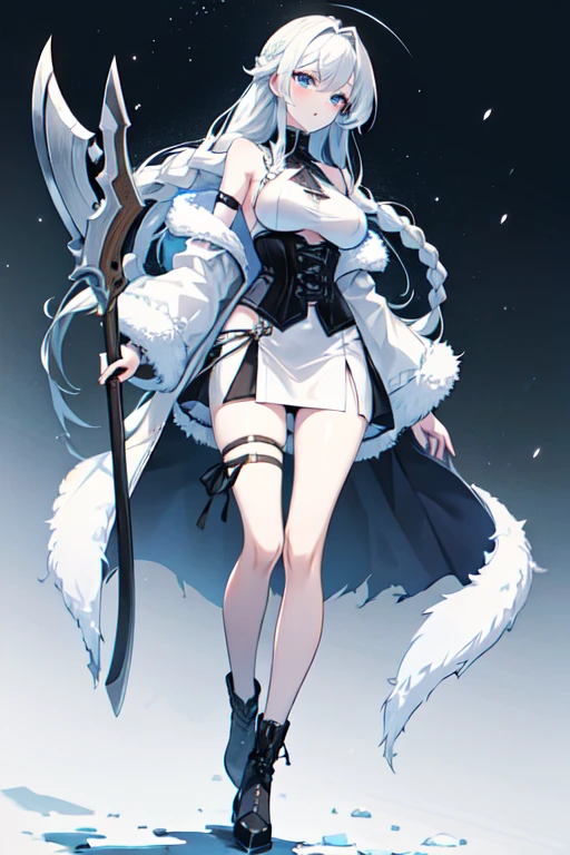 No background, Full body shot, werewolf, Wolf fur coat, wolf eyes, loneliness girl, Upright, White background, long boots,