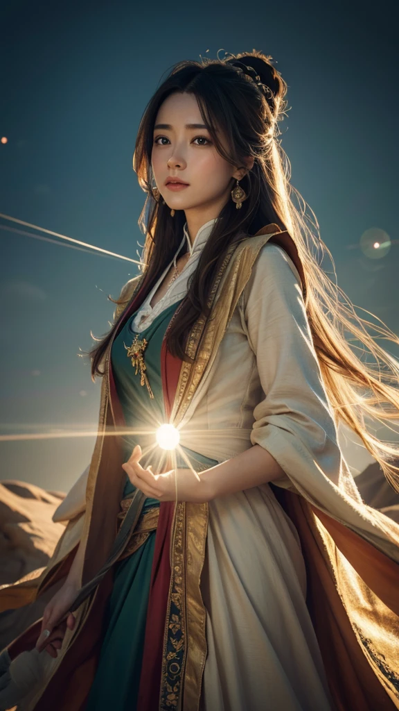 (RAW Photo, Best Quality), (Realistic, Photo Realistic: 1.3), Best Quality, Highly Detailed, Masterpiece, Ultra Detailed, Illustration, 1 Girl, upper_body, Dynamic Angle, World Mastery Theater, messy_long_hair, Best Quality, Extremely Detailed CG Unified 8k Wallpaper, Ink, Amazing, Movie Lights, lens_flare, dunhuang_style, Detailed Face, Beautiful Rendering of Tang Dynasty, (deliberate expression: 1.5), standing in a flower field, (looking up at the starry sky: 1.2), fireflies, floating scarves, Sony master shots, a woman posing for a picture in front of a tv, inspired by Fei Danxu, aesthetic!!!!!! female genie, brown hair and bangs, high definition screenshot, nicovideo, normal hands, vivic colors, full face shot of rimuru tempest, nice studio lighting, vhs screencap, beautiful fine - face, nami, ar