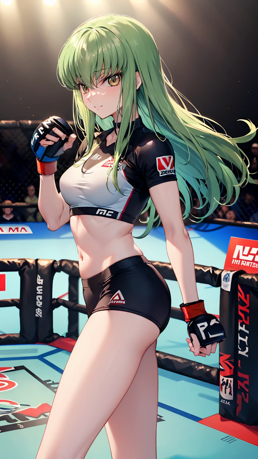 CC_Code Geass, Hair between the eyes, Very long hair 1 person, Bright light, smirking, alone, full body shot, Fighting, (masterpiece, Highest quality), 8k, Intricate details, (on MMA Arena :1.5), (wearing MMA uniform:1.5, white tops and black bottoms:1.3), belly button,Slender body,Slim,((Highest quality)), Sharp focus: 1.2, Highly detailed face, Highly detailed eye,Toned stomach,long legs,slender body,(from side),