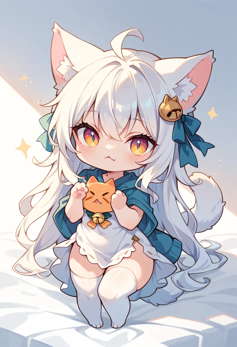 girl, snow leopard, furry, bodyfur, tail, camisole, bottomless, gloves, boots, chibi, sparkling eyes, some perfect pussy, bed, all fours, looking back