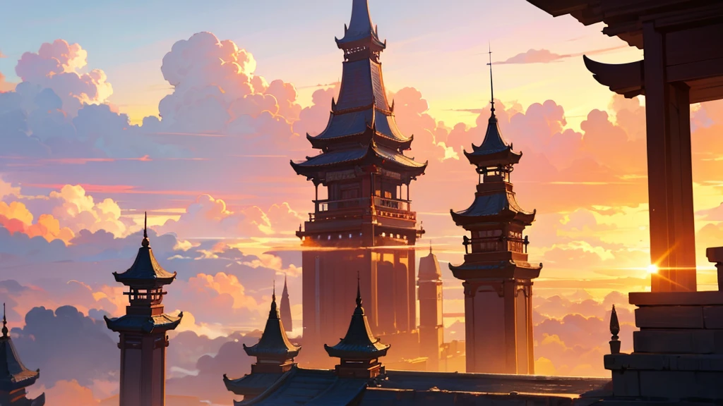 there are many people walking in the fog in front of a building, moody misty fantasy art, cyberpunk chinese ancient castle, matte painting in fantasy style, mist, dreamy chinese town, dreamlike digital painting, by Li Tiefu, matte digital painting, atmospheric. digital painting, soft focus matte painting, matte painting of steam machines, mysterious temple settingmasterpiece, best quality, Chinese Saints, Confusiu, Lao Tzu, budista, long beard, chinese old master walking down, long gown, Taoist robe, drape, monks, listening, polite, assemble, phylosofy, philosophy, bow, dangling sleeves, uncle with long beard, outdoors, bridge, bridge crosser, occult, Baroque, kim keever, oil painting, castle, fantasy, tower, cliff, cloud, sky, rock, smoke, mountain, gate, shrine, rope, solo,  landscape, nature, day, silhouette, floating island, bird, rooftop, ruins, arch, cloudy sky, wall, forest, cave, sunlight, stone, steam, light rays, window, molten rock, In the distance pagodas, many temples