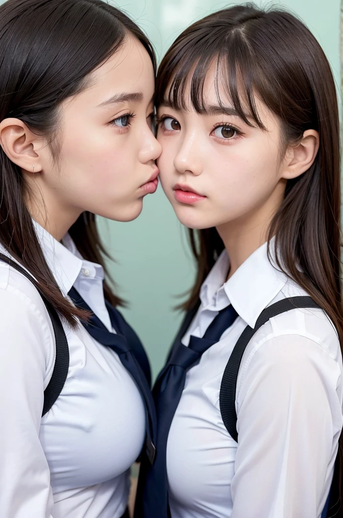 two schoolgirls, dislike kiss, facing each other, no gap, cheeks collide, stuffy lips, angry expression, close contact, on narrow crowded train, stuck between schoolgirls, narrow confine, breasts crushed together, symmetry, pressed tightly firmly
