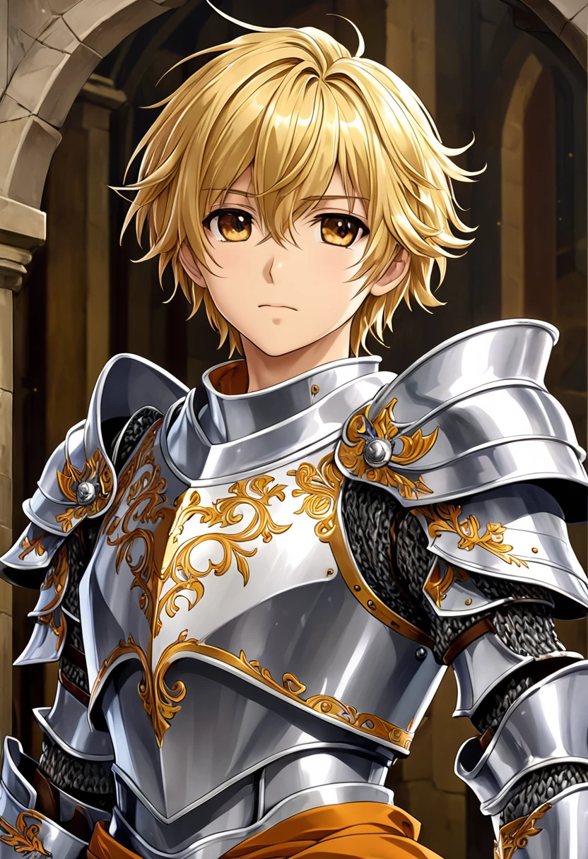 ((Best Quality)),(Ultra-high resolution),(Super detailednew),(Detailed Description),((The best CG)),(A masterpiece),Ultra-detailed art,Wonderful new Art,(Fantasy art with intricate detail:1.5), (1 male knight:1.6),juvenile,Beautiful and well-proportioned face:1.6,Also々new:1.5,Natural Makeup:1.4,Short Hair:1.8,Detailed armor:1.6,Precise and detailed relief:1.7,Blonde,amber colorの目,No background