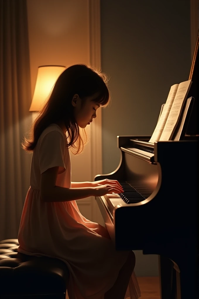 Illustration for the painting of a girl playing the piano in the room 