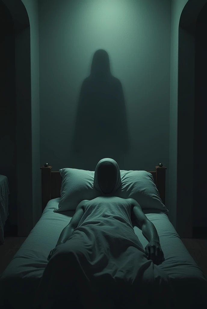 Latin man lying on his bed, open windows, evening, gloomy atmosphere, Dark shadow with long cloak approaches him, spider web in the form of steam on the window, sleep paralysis