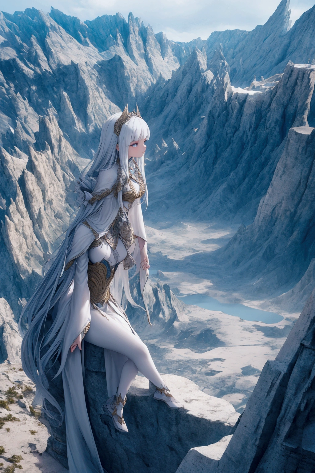 A detailed, serene fantasy landscape with beautiful young dragonsgirl sitting on a majestic cliff, gazing in wonder . Highly detailed, ultra-high definition, photorealistic, awe-inspiring scene with white stone mountains in the background, dramatic fantasy elements, 3D rendering, vivid colors, warm lighting, masterpiece.