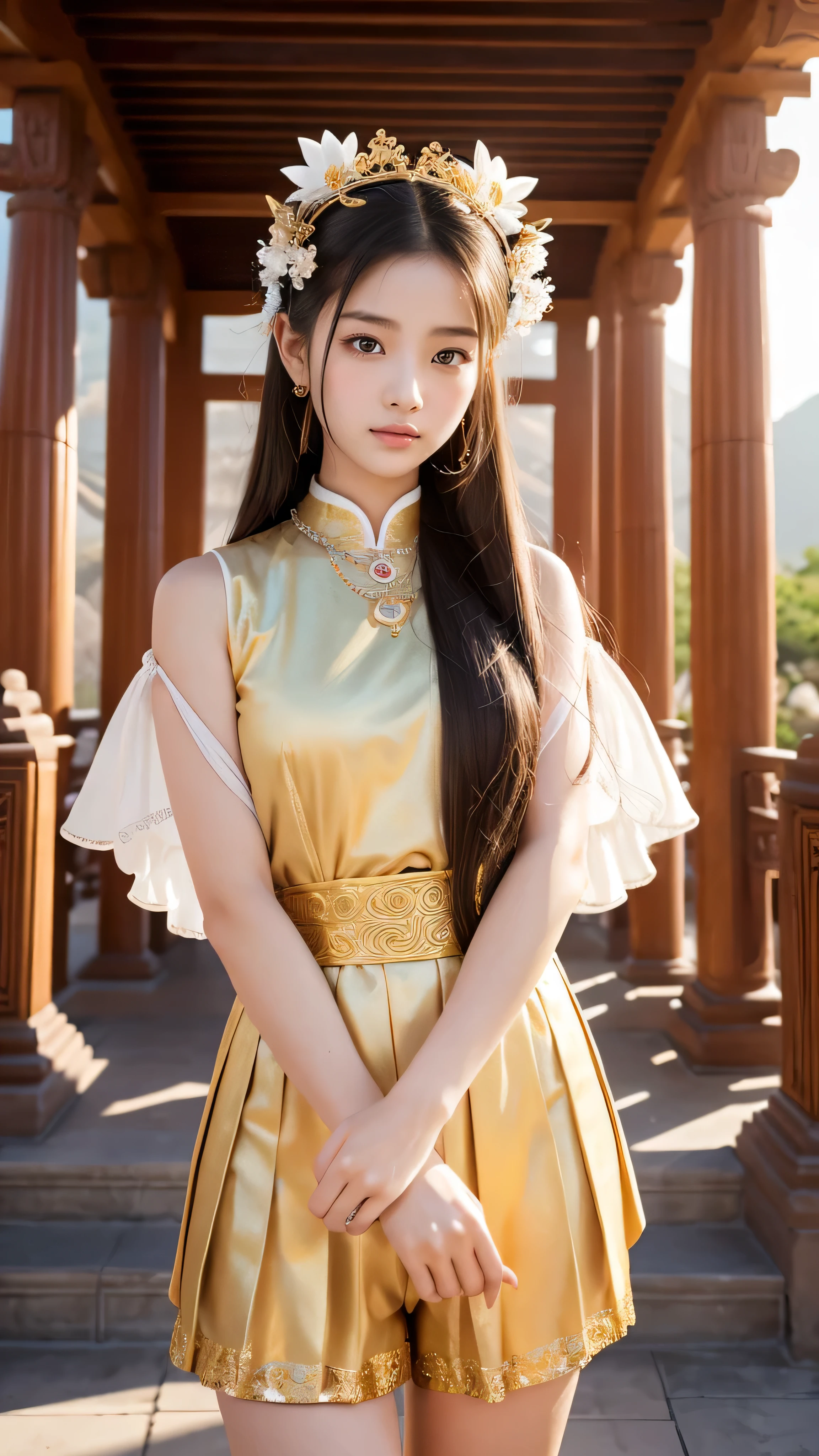 （tmasterpiece，k hd，hyper HD，16k）brunette color hair，15 year old girl，Multi-layer gauze skirt，Silver embroidered crown gold inlaid hooves，Rouge lips，Cherry mouth，Focus on the neckline，Soft hair like slippery silk，Sparkling，Almost reluctant to look away，She wears a suspender cheongsam！Imagine that，She just wore a suspender cheongsam to shop in the bustling Sanlitun，One can't help but want to take a closer look。Take a closer look, desi，Her belly pocket is quite stylish，The skirt flutters in the wind，It's like adding a touch of energy to the whole street，Crocodile skin train，A sneak peek angle，（From the angle below），Sit in the seat of the train python，sitting in front，Zoom camera，head portrait，Head down and sleepy-eyed，Look at the ground， best qualtiy， hyper HD， （realisticlying：1.4），， A high resolution， the detail， RAW photogr， Sharp Re， Nikon D850 Film Stock Photo by Jefferies Lee 4 Kodak Portra 400 Camera F1.6 shots, Rich colors, ultra-realistic vivid textures, Dramatic lighting, Unreal Engine Art Station Trend, cinestir 800，