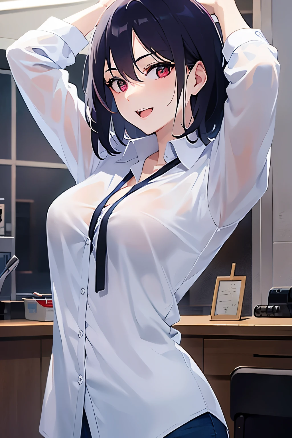 (Buttons up to shirt length:1.2)、(White shirt wet in the rain)、(Unbuttoned shirt:1.1)、huge tit、Deep valley、top-quality、​masterpiece、illustratio、extremely delicate and beautiful、ighly detailed、CG、Unity、8k wallpaper、astonishing、finely detail、Highly detailed CG Unity 8k wallpapers、huge filesize、ighly detailed、hight resolution、Handsome detailed woman、extremely detailed eye and face、 Stunning detailed eyes、Facial light、(The best illustrations:1.1)、(Best Shadows:1.1)、超A high resolution、(Photorealsitic:1.1)、(Photorealistic 1.2:1.1)、Realistic facial proportions、Slimed、a smile、(makeups:0.4)、(fluffy black eyes:1.21)、black eyes、Look at viewers、dark brown hair、耳环、a necklace、hair pin、cowboy  shot、(irregular skin imperfections、vein、Wrinkled pores on the skin:1.2)、(Dark night background: 1.2)、(bokeh dof:1.4)