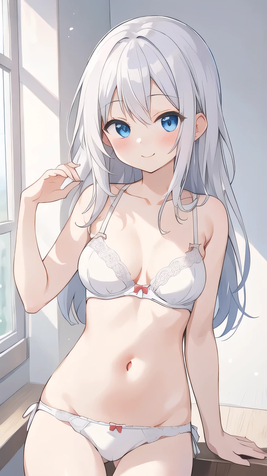 cute girl, アニメ, silver hair, straight hair, Blue eyes, (young:1.0), (small bust:0.5), (cute:1.3), (middle bust:0.8), (cute girl:1.2), (cute:1.2), (sulk:0.6), Smail, (shy:1.0), cowboy shot, cute, side shot, (Smail:1.2), (white bra:1.1), (white pantie:1.1), (temptation:1.4)