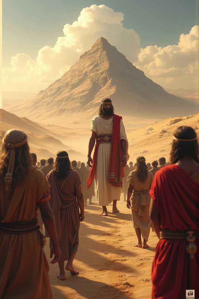 ((lifelike lighting, Melhor qualidade, 8K, Obra-prima: 1.3)), Foco claro: 1.2,Create an illustrative image of the Hebrew people's flight through the wilderness after the liberation from Egypt. Moses leads the crowd, as they traverse the arid scenery. Symbolic elements such as the pillar of cloud and fire represent divine protection. Use warm colors to portray warmth and determination, and soothing colors to convey hope and inspiration. The image captures the courageous historical journey of the Hebrew people in search of freedom