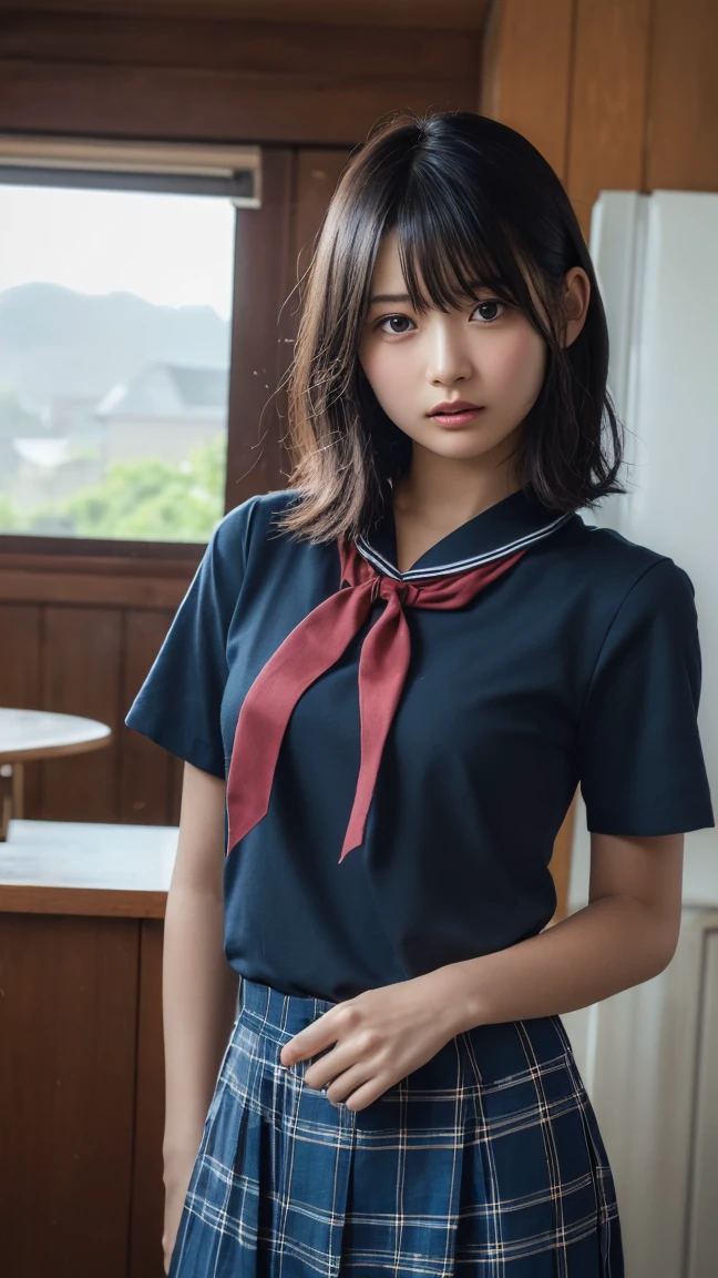Upper half of traditional sailor suit、Japanese high school student、15 year old female, RAW shooting, (realism: 1.8, realistic), High-definition CG integrated 8K wallpaper, one girl, camera&#39;line of sight, ((straight from the front))), (headquarters skin: 1.8, shiny skin)), 8k uh, Digital single-lens reflex camera, soft lighting, high quality, (whole body: 0.5) (professional lighting: 1.6), japanese woman, 足首からwhole bodyまで, Photographed looking up from the feet, height: 160cm, Weight 50kg, (((Her skirt is rolled up and her white underwear is visible.)))、(((legs open:1.5)))