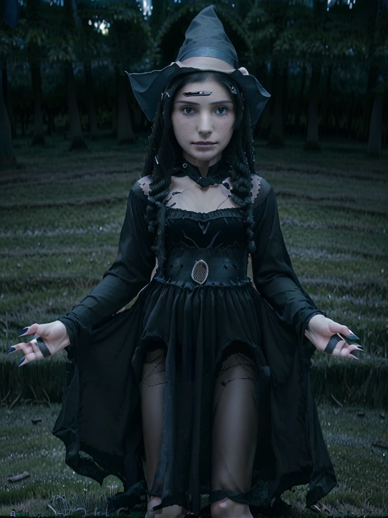 black hair, freckles, wearing a witch hat and witch costume, sexy witch costume, (8 years_old:1.9), magic spell on hand, blue magic aura, forest, cowboy shot, (dress lift, black panties:1.3)