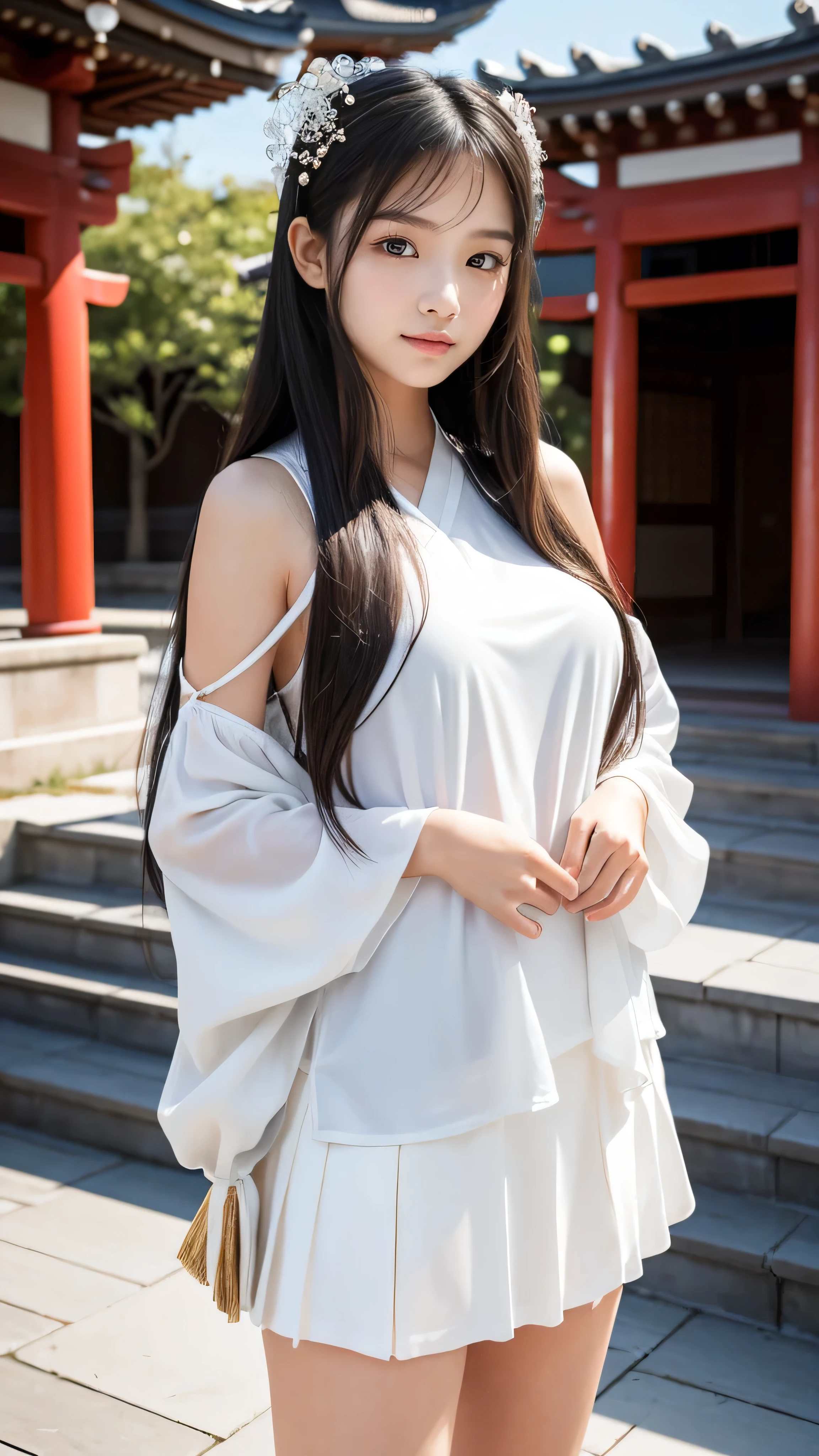 High-quality images,masterpiece,8K wallpapers incorporating detailed CG,Two Girls,16 years old,Baby Face,beautiful,smile,pale black hair,Realistic,pale black hair,Shrine maiden costume,Long Hair、Straight bangs、